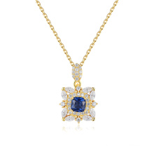 Luxury Gold Plated S925 Silver Blue CZ Stone Pendant Necklace